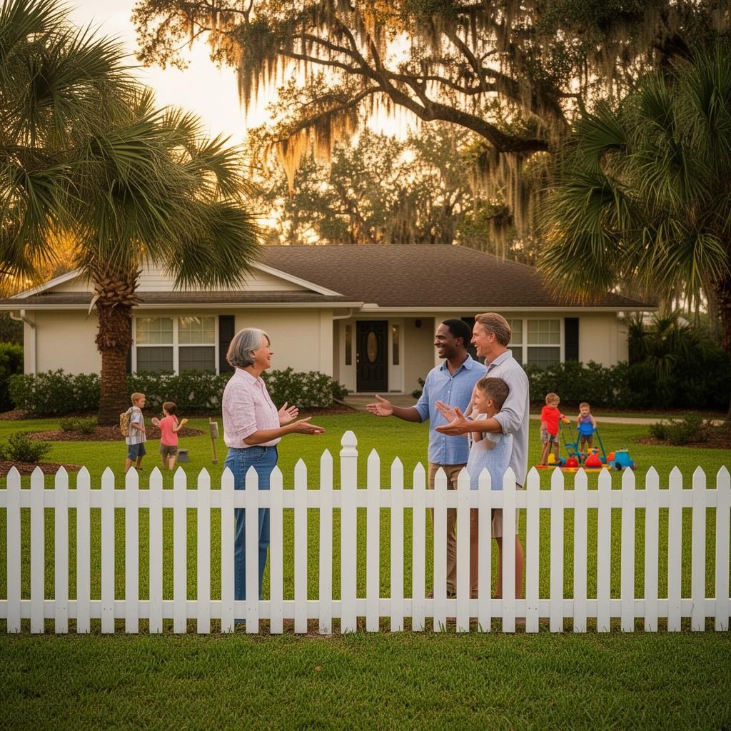 Two neighbors greeting over a white picket fence in a sunny Polk County, Florida suburban yard